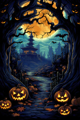 Fototapeta premium A Halloween themed painting of a forest with a castle in the background