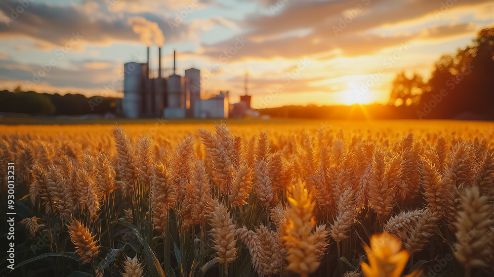 Poster a field of golden wheat with a sun setting in the background. the sun is casting a warm glow over th