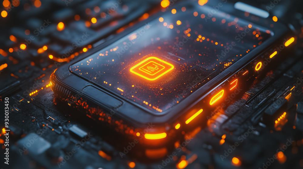 Poster a cell phone with a glowing square on the screen. the phone is surrounded by a black background with