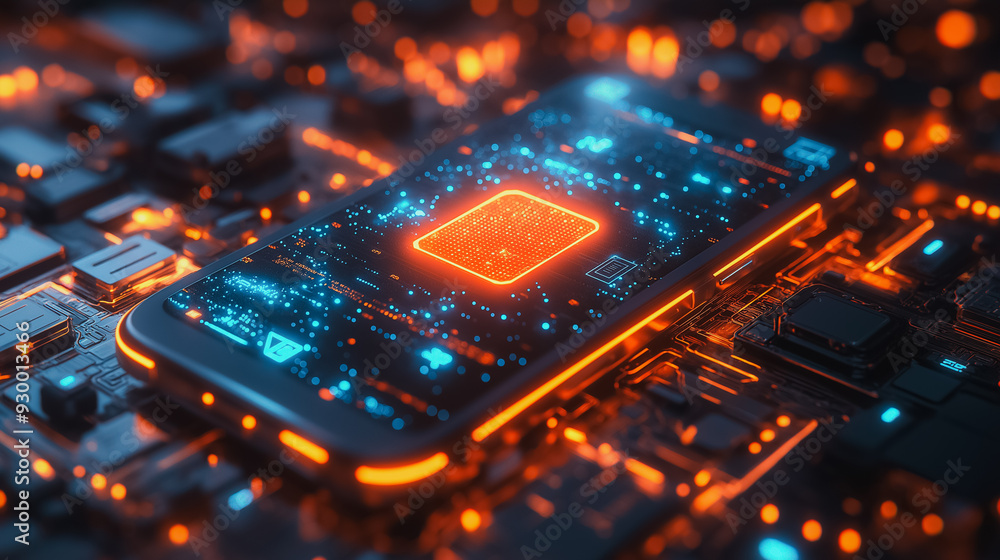 Poster a cell phone is surrounded by a circuit board and glowing with orange lights. concept of technology 