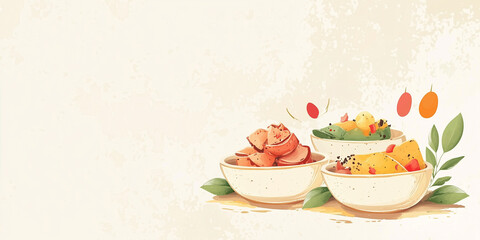 Three bowls of vibrant salads copy space dishes of India dhokla 