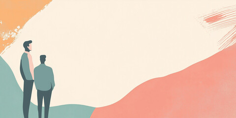 Two figures nonpersonal  observe colorful abstract shapes copy space
