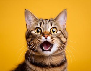 Obraz premium Portrait cute cat expression screaming on bright yellow background. AI generated image