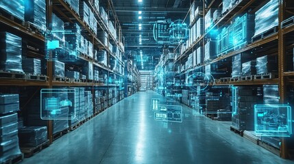 A futuristic warehouse with digital interfaces