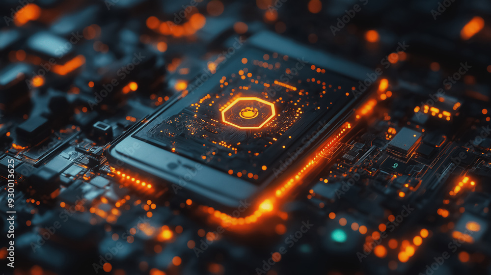Poster a cell phone is glowing in the dark with a glowing orange square on it. the image is of a circuit bo