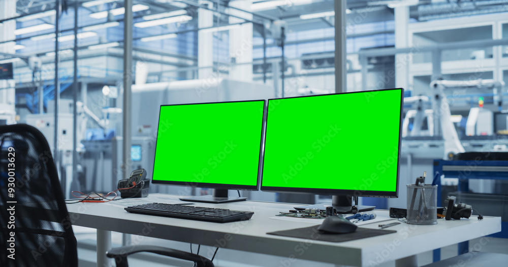 Leinwandbilder Modern Industrial Manufacture with Desktop Computers with Green Screen Mock Up Display. Scientific Lab, Engineering Research Center with High-Tech Equipment, Technology for Robot Development