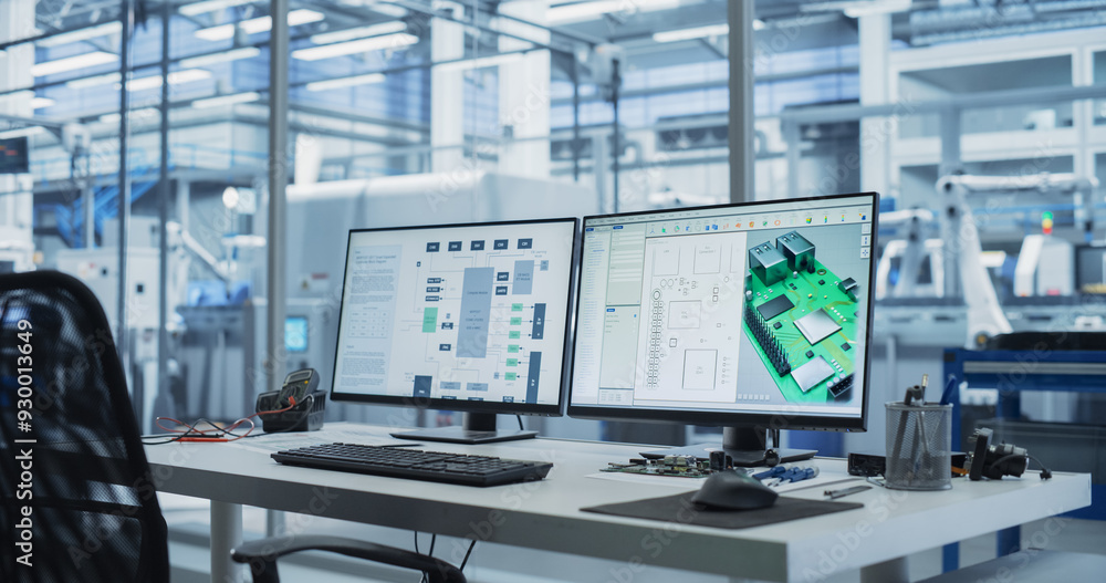 Fototapete Empty Workplace With Computer Monitor Display with 3D CAD Software Interface with Digital Electronic Diagram of a Circuit Motherboard Being Designed. Modern Factory Engineer's Office Concept.