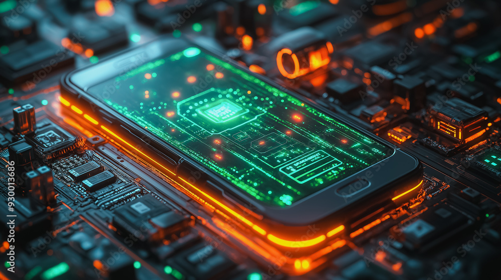 Poster a cell phone is displayed on a circuit board with a green screen. the phone is surrounded by a varie