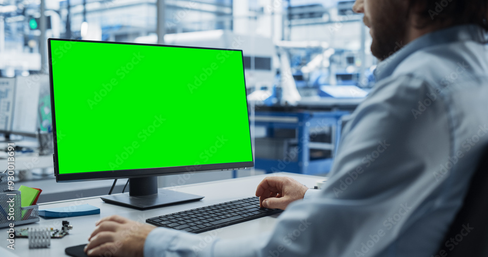 Poster Young Industrial Software Engineer Working on a Desktop Computer with Green Screen Mock-Up Display. Modern Factory with High-Tech Machinery and Robotic Arms in the Assembly Hall
