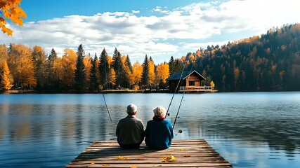 Serene autumn lakeside retreat: retired couple fishing from a cozy cabin dock. - Powered by Adobe