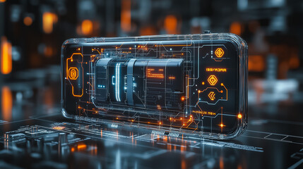 A phone with a glowing screen and a battery icon. The phone is surrounded by a dark background with a few bright orange elements. Scene is futuristic and technological
