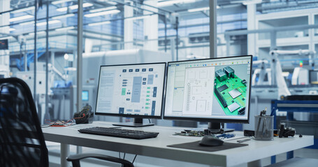 Empty Workplace With Computer Monitor Display with 3D CAD Software Interface with Digital...