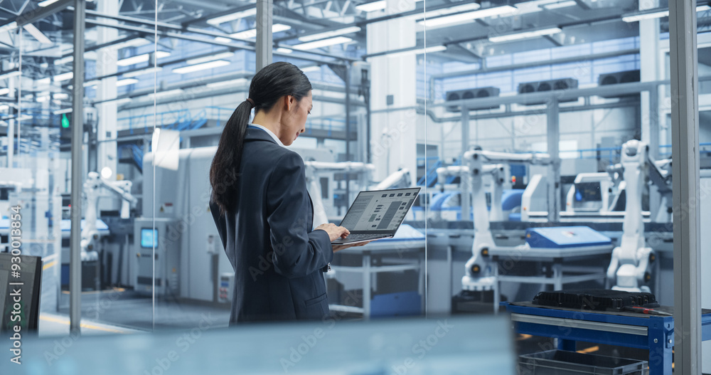 Aufkleber Southeast Asian Engineer Using Laptop Computer and Looking Around a Factory Facility with Equipment Producing Modern Electronic Components for Different Industries. Footage From the Back