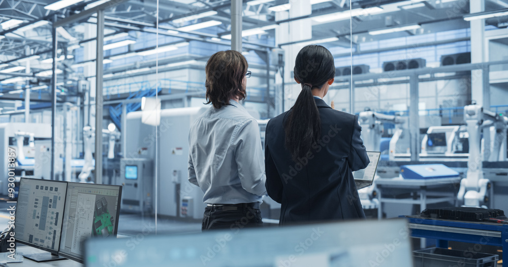 Poster Young Caucasian Engineer and Asian Technician Having a Conversation and Using a Laptop Computer. Specialists Monitoring, Analyzing Conditions at a Modern Electronics Factory with Automated Conveyor