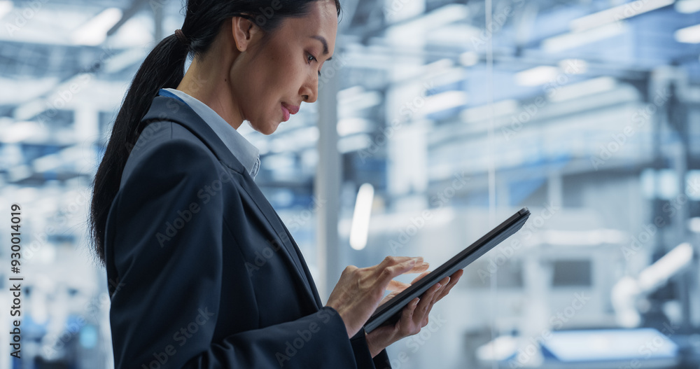 Aufkleber Beautiful Asian Female Engineer Standing Next to a Window in Office, Using Tablet Computer at an Electronics Manufacture. Specialist Using an Online Software to Program Robots on Assembly Line