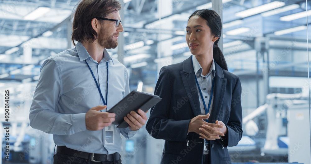 Leinwandbilder Two Diverse Engineers Walking in Office, Using Tablet Computer at a Modern Electronics Factory. Female and Male Specialists Talking, Monitoring Robots on Modern Assembly Line.