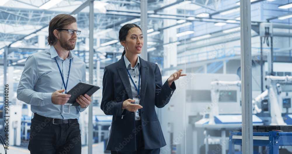 Fototapete Two Diverse Engineers Walking in Office, Using Tablet Computer at a Modern Electronics Factory. Female and Male Specialists Chatting, Monitoring Robots on Modern Assembly Line.