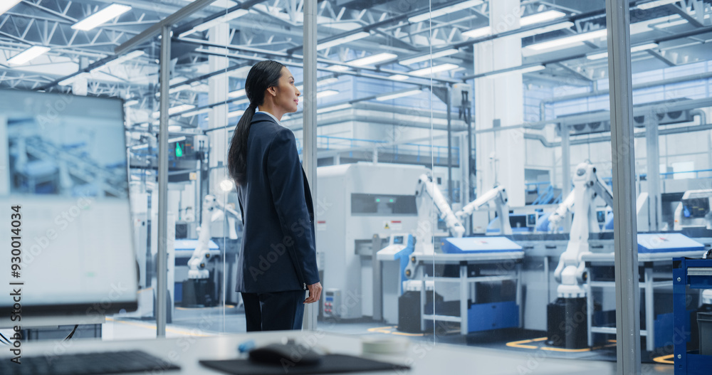 Poster Electronics Manufacturing Technician Working on a Tablet Computer at a Factory Space. Asian Female Specialist Developing, Maintaining, and Fine-Tuning Programs for Machine Production and Assembly