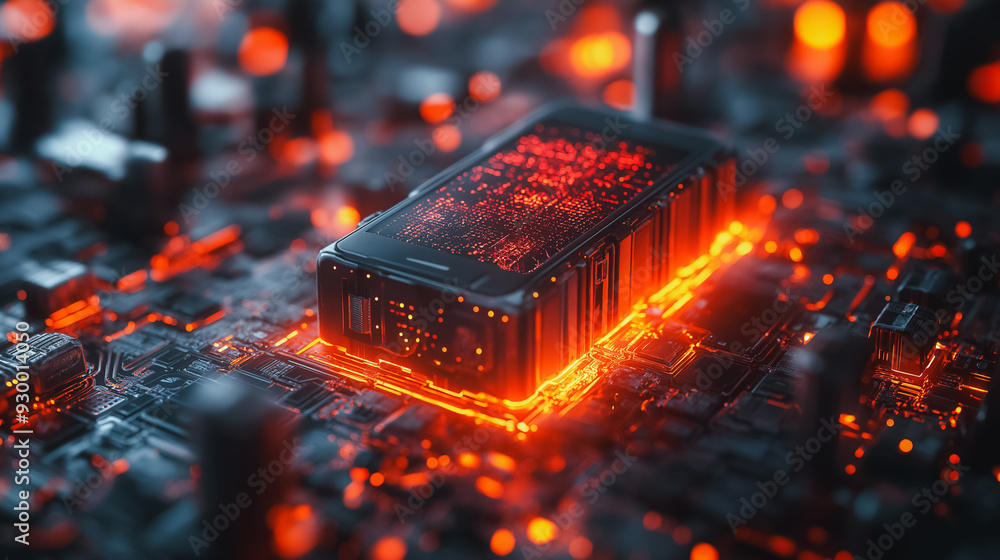Poster a cell phone is sitting on a circuit board with a red glow surrounding it. concept of technology and