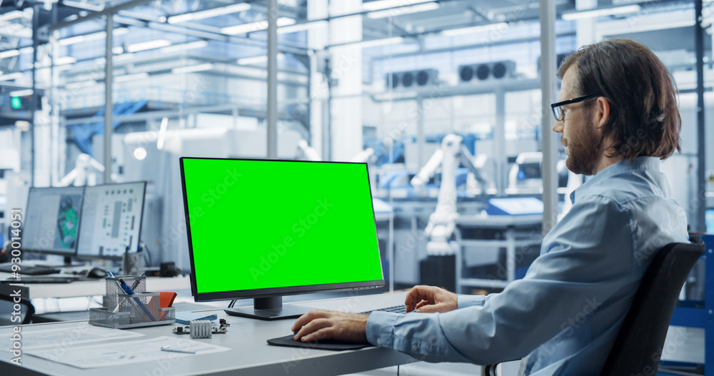 Fototapete Robotics Engineer Working on a Desktop Computer with Green Screen Chromakey Mock Up Display in a Factory Office. Technological Research and Development Facility with Autonomous Assembly Conveyor