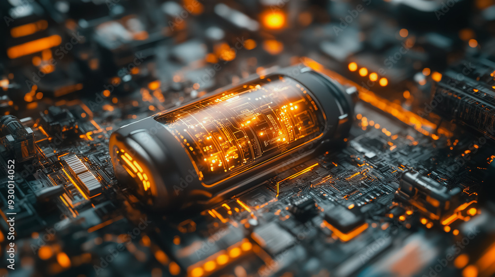 Poster a glowing electronic device is surrounded by a network of wires and circuits. the device is the cent