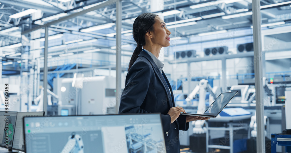 Poster Close Up Of Electronics Manufacturing Technician Working on a Laptop Computer at a Factory Space. Asian Female Specialist Developing, Maintaining, and Fine-Tuning Programs for Production and Assembly.