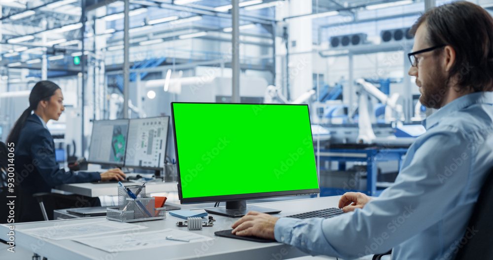 Aufkleber Robotics Engineer Working on a Desktop Computer with Green Screen Chromakey Mock Up Display in a Factory Office. Technological Research and Development Facility with Autonomous Assembly Conveyor