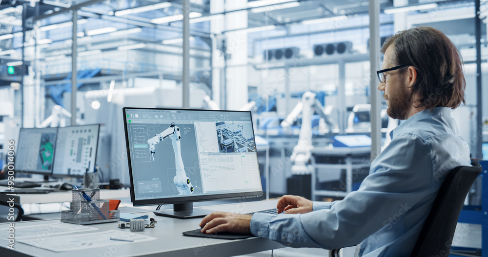 Aufkleber Portrait of a Young Factory Manager Working on Desktop Computer in Industrial Manufacture with Autonomous Assembly Robots. Production Line Making Heavy Machinery Parts in the Background