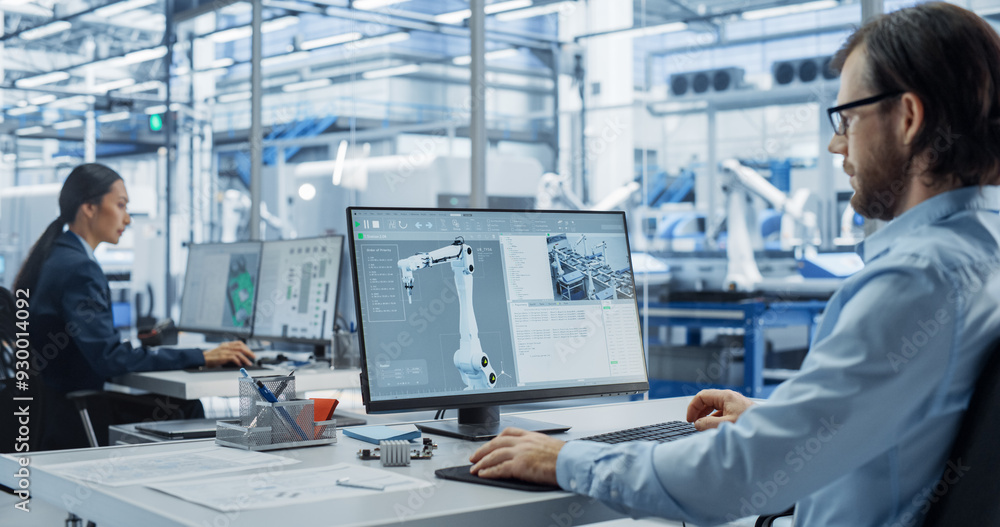 Poster Young Asian Electronics Engineer and Automation System Administrator Working on Desktop Computers in Office. Specialists Monitoring, Analyzing Conditions at a Modern Components Manufacturing Plant