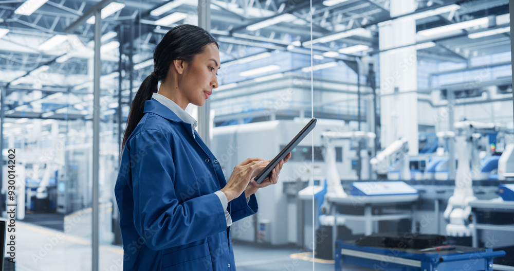 Fototapete Focused Asian Engineer Monitoring and Analyzing Conditions at a Modern Electronics Factory on a Tablet Device. Facility with Automated Robot Hands Working with the Help of Artificial Intelligence