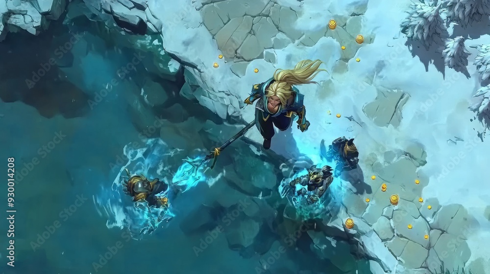 Poster this is a mockup of fantasy rpg moba video game gameplay with animated magic and lots of explosions.