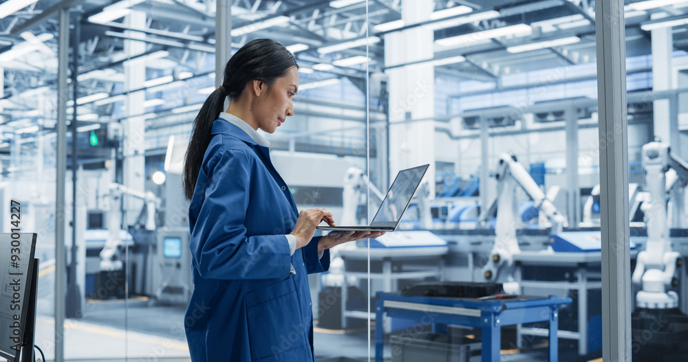 Poster southeast asian engineer using laptop computer and looking around a factory facility with equipment 