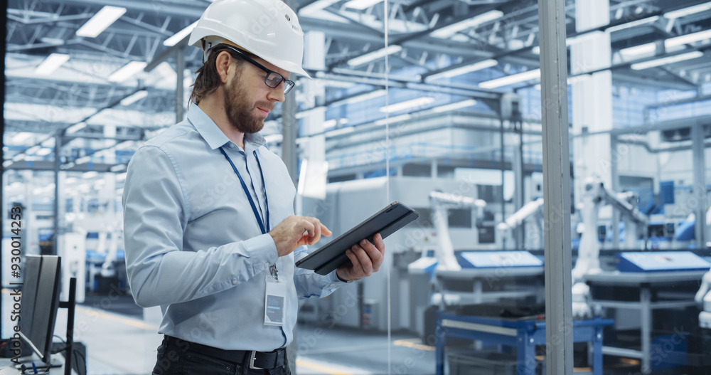 Poster Electronics Factory Manager Working on Tablet at an Industrial Manufacture with Robotic Arms. Specialist in a Hard Hat Monitoring Big Data on a Computer, Checking and Planning Production Numbers