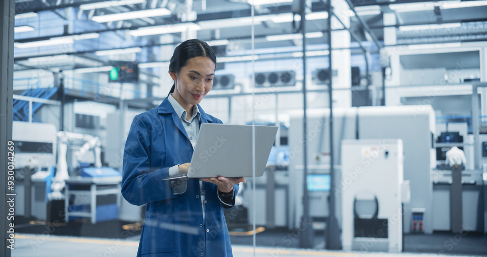 Poster Portrait of a Beautiful Asian Engineer Using Laptop Computer and Looking Around a Factory Facility with Equipment Producing Modern Electronic Components with Robotic Arms on Assembly Conveyor