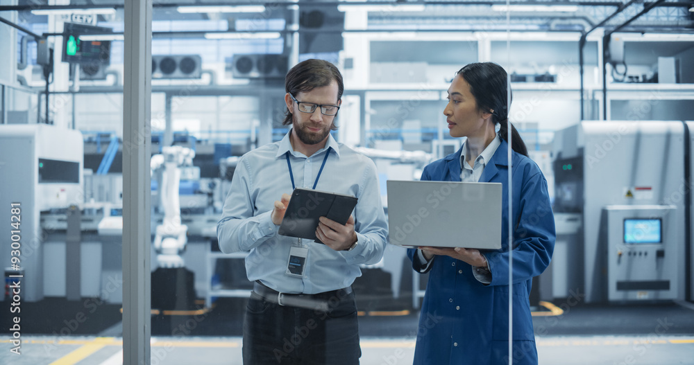 Poster Caucasian Engineer and Asian Female Project Manager Standing in Office, Talking, Using Computers and Monitoring Production at a Modern Automated Electronics Manufacture with AI Robotic Arms