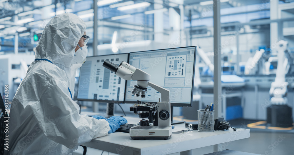 Poster Research Factory Cleanroom: Engineer Wearing Coveralls, Gloves and Goggles while Using Microscope to Inspect a Microchip. Scientist Developing Advanced Electronics Component for the Precision Industry