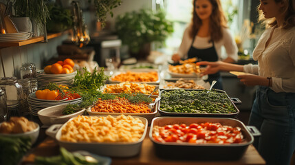Obraz premium Two women preparing a buffet meal in a kitchen