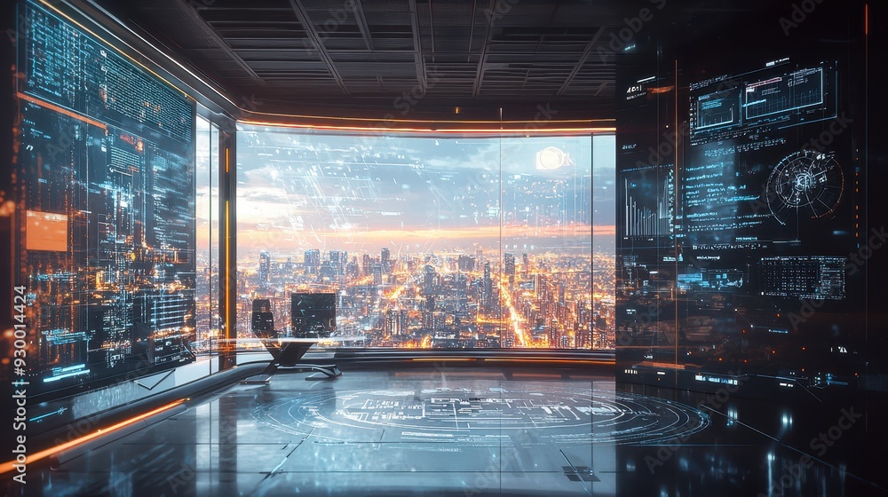 Poster a futuristic workspace with a holographic display projecting