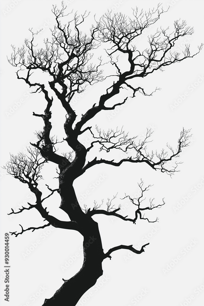 Canvas Prints A tree with no leaves is depicted in black and white. The tree is tall and has a long trunk. The image has a somber and melancholic mood, as the tree appears to be barren and lifeless