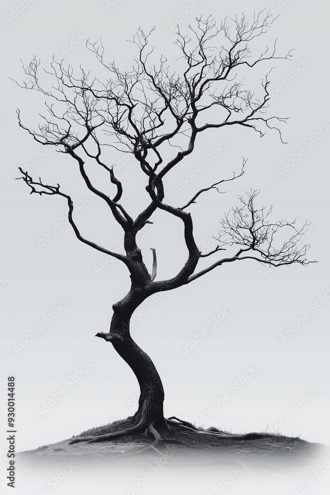 Poster a tree with no leaves is depicted in black and white. the tree is tall and slender, with a trunk tha