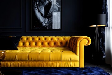 A mockup of a contemporary interior with a blue and yellow accent wall, a bright yellow sofa with mustard undertones, and dark blue furniture.