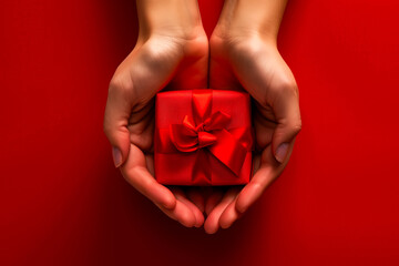 Fototapeta premium Female hands holding small red gift box with red bow on red background with copy space.