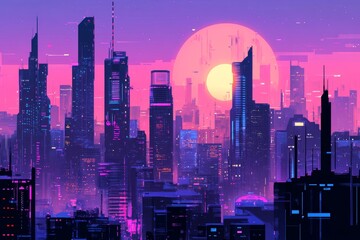 Fototapeta premium The city skyline close to the sea during the day, at night, at sunset, and at dawn. Animation for a video game or postcard.