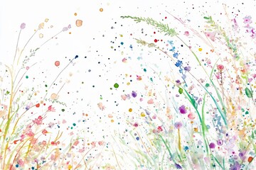 Fototapeta premium Summer meadow with adorable watercolor flowers on white background. Suitable for cards, borders, banners, and other designs.