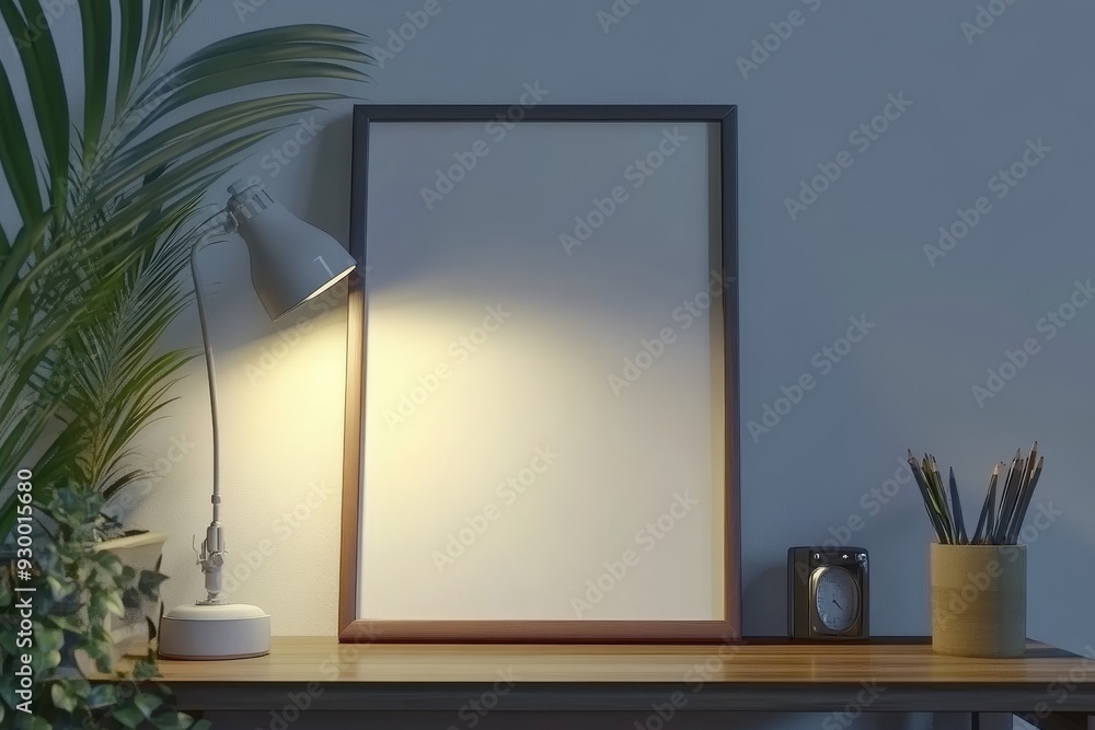Poster the poster is displayed on a wooden table with a gray wall as the backdrop. the image is from a stoc