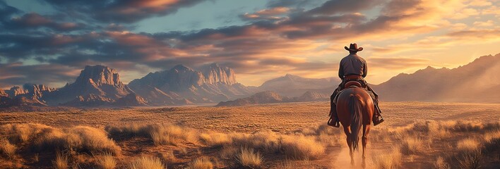 A cowboy riding on horseback in the desert, front view, with beautiful mountains in background,