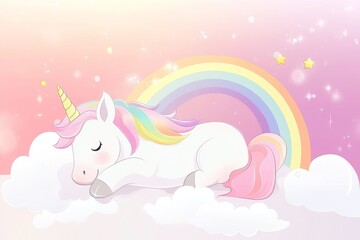 Obraz premium Stock image: Unicorn resting on a fluffy cloud with a vibrant rainbow behind it.