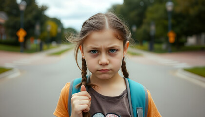 A young Caucasian girl with long blonde hair and blue eyes, wearing a shirt and a backpack, looking directly at the camera with a serious expression