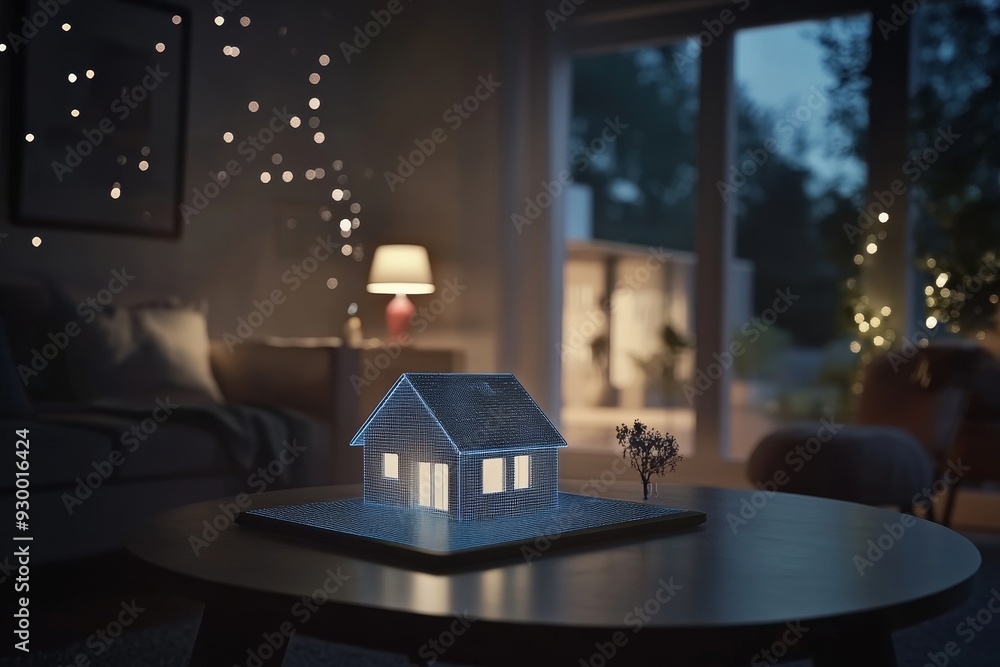 Poster a tablet shows a miniature model of a house filled with icons representing different electronic devi
