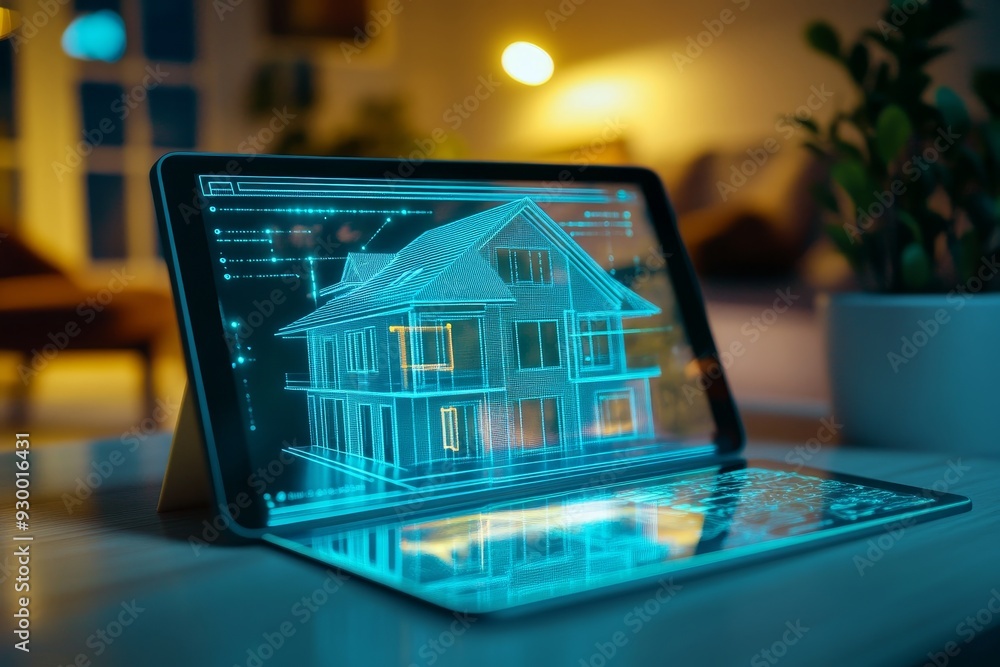 Aufkleber using a tablet, a miniature model of an electronic home is displayed. these electronic devices are w